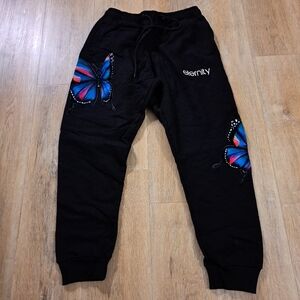 Eternity BC/AD Black Sweatpants Blue Multicolored Patched Butterflies  Size Med